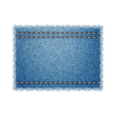 Rectangular Denim Shape For Fix Clothes Vector. Blank Fabric Denim Shape For Fixing Or Decorating Clothing. Design Textile Jeans Material Fashionable Canvas Mockup Realistic 3d Illustration