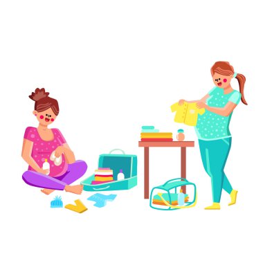 Future Mother Pack Clothes In Bag Pregnant Vector. Woman Collect Clothing And Newborn Baby Accessories In Bag Pregnant. Character Preparing For Maternity Hospital Flat Cartoon Illustration