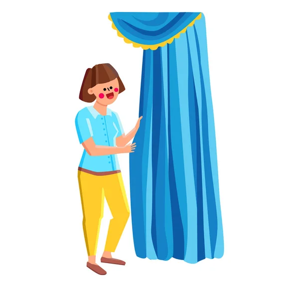 Woman Standing Beautiful Curtains Vector Young Girl Staying Attractive Textile — Vettoriale Stock