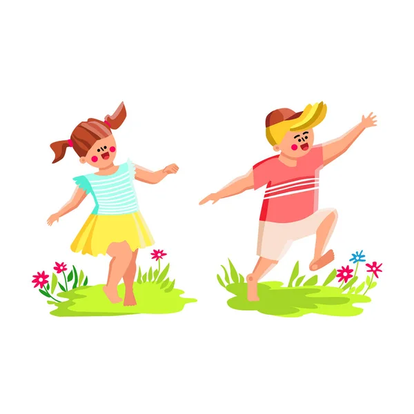 Barefoot Children Running Flower Meadow Vector Boy Girl Kids Run — Stockový vektor