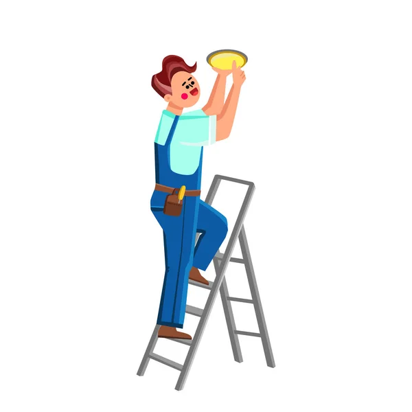 Electrical Repair Worker Installing Lamp Vector Professional Handyman Standing Ladder — Vetor de Stock