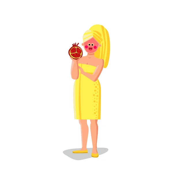 Pomegranate Face Mask Treat Young Woman Vector Girl Wearing Towel — Stock vektor