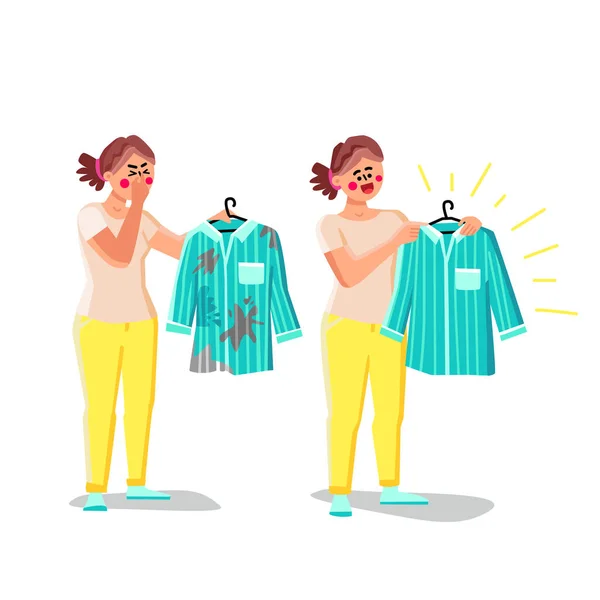 Woman Holding Smell Washing Clothes Vector Young Girl Shirt Smelling — Vetor de Stock