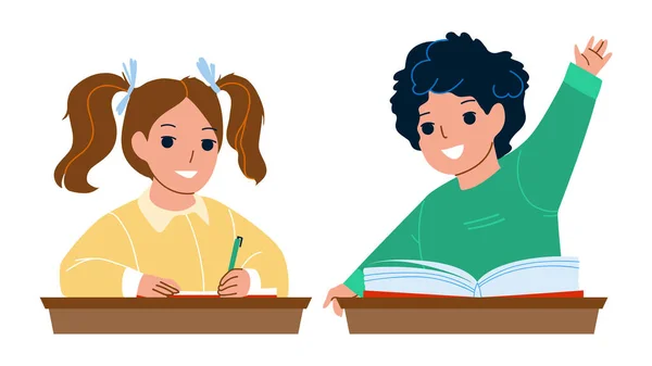 Pupils Boy Girl Studying School Desk Vector Colegial Levantar Mano — Archivo Imágenes Vectoriales