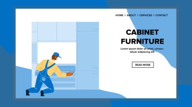 Kabine Mobilya Yükleme İşçi Vektörü. Guy Teknisyen Apartman Mutfağına Kurulum Süreci 'nde kabine mobilyaları kuruyor. Karakter Toplama Yapısı Web Düz Çizgi Filmi İllüstrasyonu