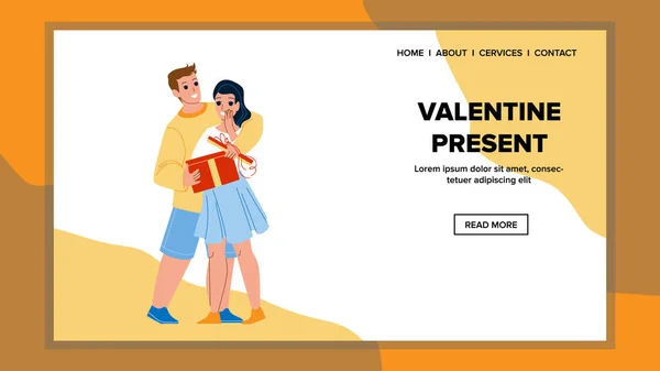 バレンタインプレゼントの夫は妻ベクターに与える ボーイフレンドはガールフレンドにロマンチックなバレンタインプレゼントを与えます 幸せなキャラクターカップルギフトで愛の休日ウェブフラット漫画イラスト — ストックベクタ