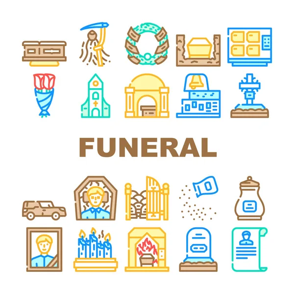Funeral Dead Ceremony Collection Iconos Set Vector Urna Tumba Coche — Vector de stock