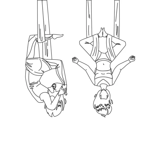 Air Yoga Training Oefening Meisjes Couple Vector — Stockvector