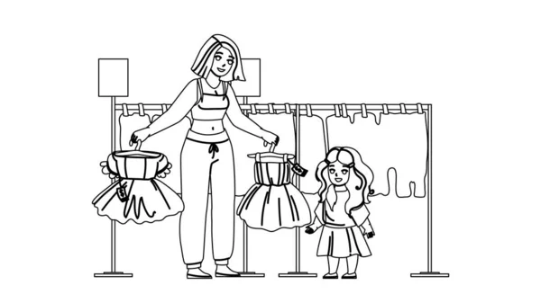 Menina Kid Compras e escolher vestido na loja Vector —  Vetores de Stock