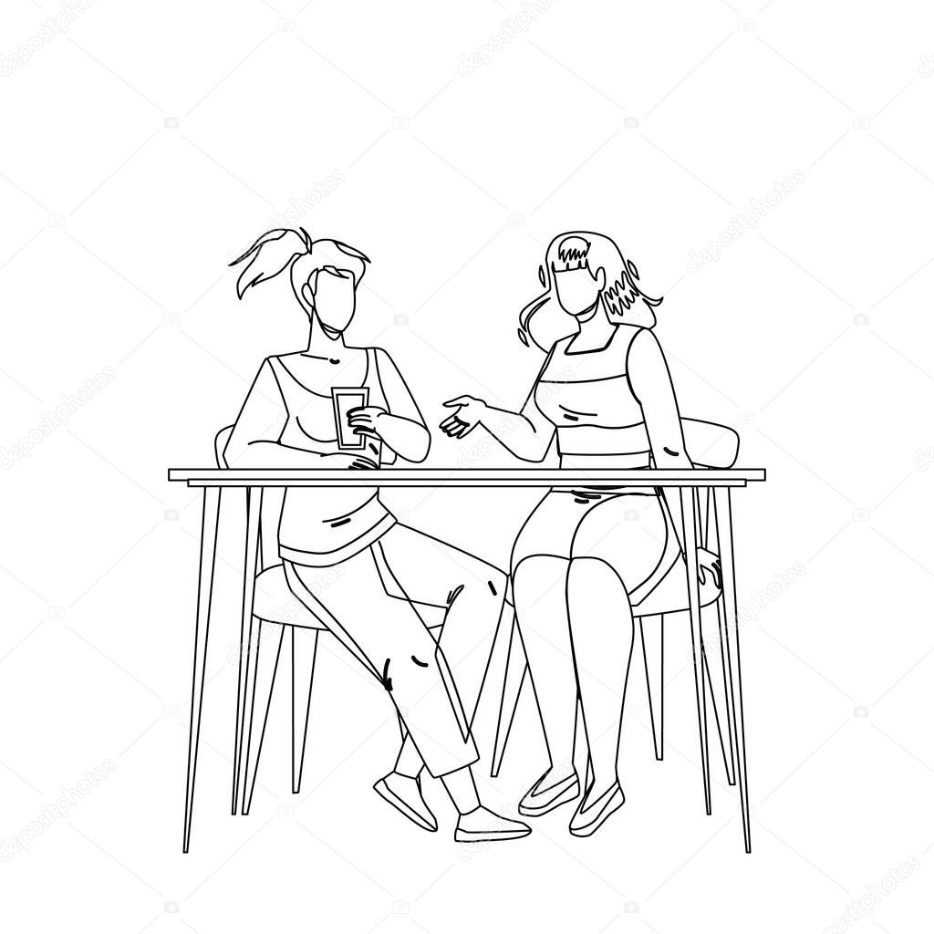 Girls Sitting At Table And Talking Together Vector