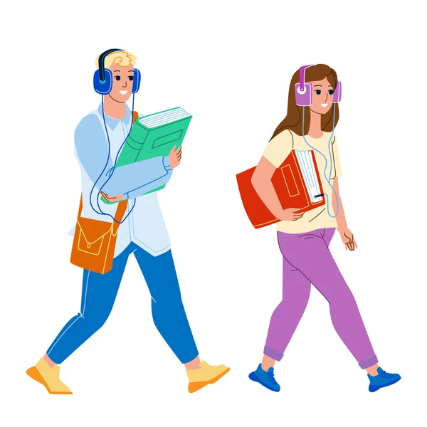 Audiolibro escuchar chico y chica en calle vector — Vector de stock