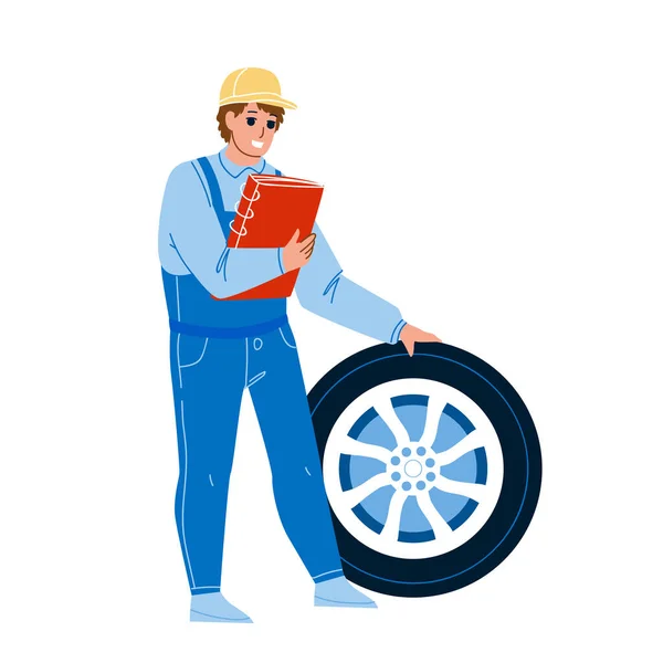 Mechanic Man Repair Flat Tire Car Wheel Vector - Stok Vektor