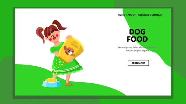 Pes jídlo nalévání dívka dítě z vaku do mísy vektor — Stockový vektor