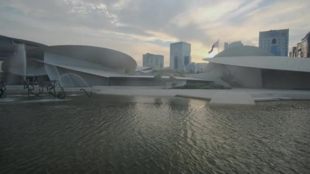 Національний Музей Катару Доха Катару Екстер Масштабується Заході Сонця Показуючи — стокове відео
