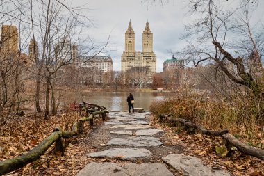 New York 'taki Central Park, ABD gündüz ışığı kışın arkadan çekilmiş bir patikada duran çiftler