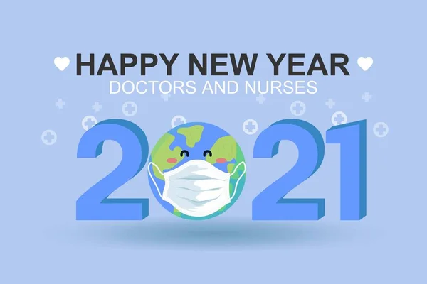 Mutlu yıllar 2021 Dünya Maskesi Doktor ve hemşireleri modern tasarım Vektörü ile koru