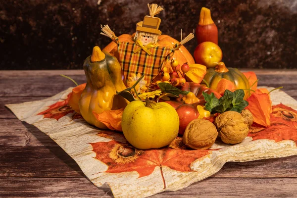 Autumn Decoration Still Life Colorful Pumpkins Walnuts Wooden Table — Stock Photo, Image
