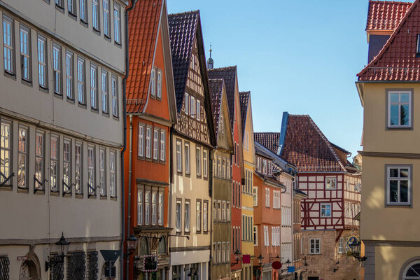 Street with facades of half-timbered houses in Coburg, Bavaria
