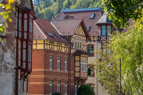 Fachadas Casas Históricas Entramado Madera Rodeadas Árboles Meiningen Turingia — Foto de Stock