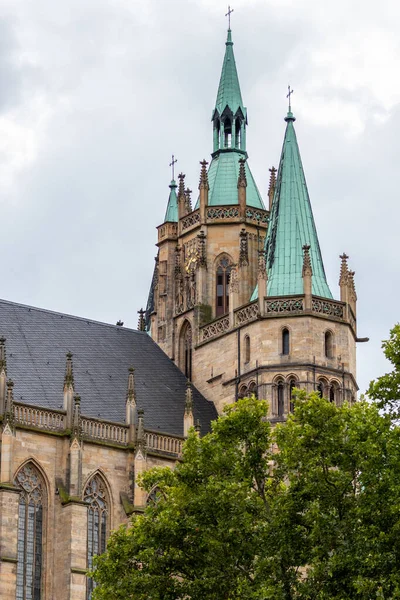 Vue Des Tours Cathédrale Erfurt Avec Arbre Vert Premier Plan — Photo