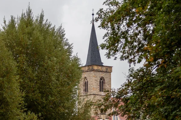 Erfurt Perşembe Günü Kraemerbruecke Deki Tarihi Yarı Keresteli Evlerin Cepheleri - Stok İmaj