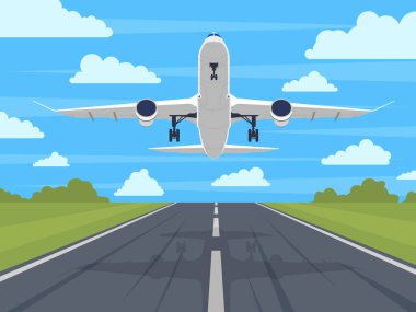 Uçak pisti. İniş ya da kalkış uçağı, mavi gökyüzünde yolcu uçağı. Havaalanı pist yolculuğu veya tatil vektör illüstrasyonu