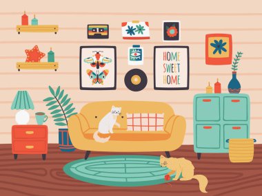 Rahat bir oturma odası. Hygge tarzında rahat bir iç mekan, ev dekorasyonu, kanepeli oturma odası, raf ve duvar vektör resimli resimler.