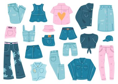 Denim giysileri. Mavi kot elbiseler, kot gömlek, ceket, şort ve pantolon, kot günlük kıyafetler. Moda kot giyim vektörü çizimleri