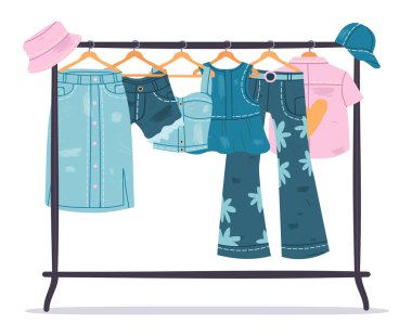 Denim giysileri. Askıda asılı kot pantolonlar, modaya uygun günlük pamuk giysiler. Şık kot kostüm vektör sembolleri ayarlandı