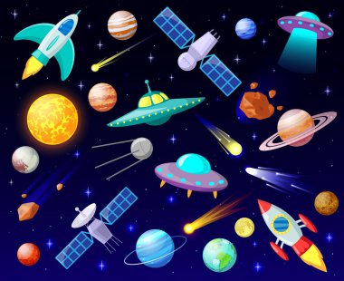 Çizgi film açık alanı. Gezegenler, kozmik gök cisimleri, roketler, uzay gemileri ve UFO, astronomi yıldızları, uzay araçları vektör çizimleri