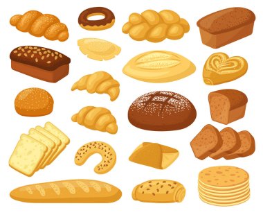 Çizgi film ekmeği. Fırın ürünleri, rulo baget, ekmek ve tost, tatlı çörek, pasta ve kruvasan. Hamur işi buğday ürünleri vektör çizimleri