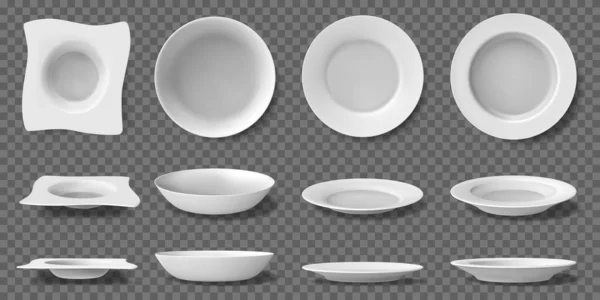 White realistic plates. Porcelain household kitchenware, dishes and bowls, 3D ceramic dining tableware. Blank kitchen crockery vector illustrations — Archivo Imágenes Vectoriales