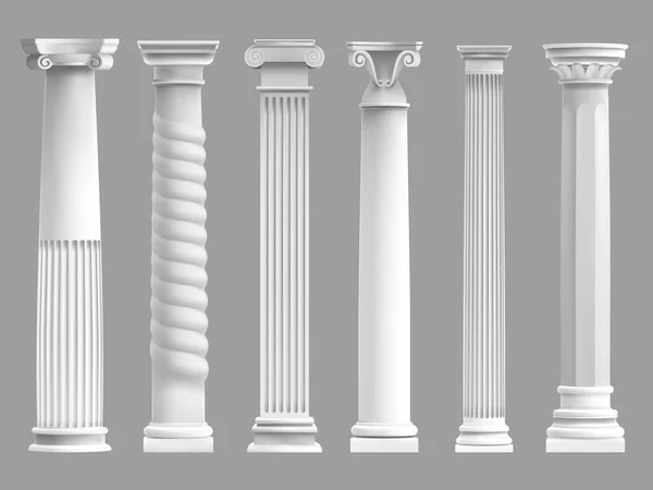 Pilares gregos antigos. Coluna antiga grega, pilares históricos da cultura romana. Conjunto de ilustrações vetoriais de colunas clássicas arquitetônicas —  Vetores de Stock