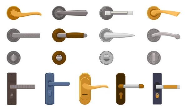Door handle. Metal entrance door-knob, home lock knobs, modern house interior elements. Entrance door knobs isolated vector illustration set — стоковый вектор