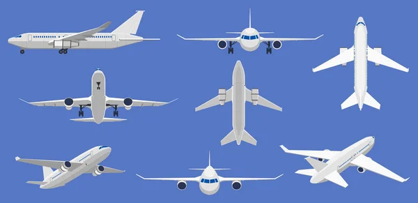 Repülés. Repülőgép elöl, oldalt és felül, utasszállító repülőgép vagy teherszállító repülőgép. Repülő repülőgép izolált vektor illusztrációk — Stock Vector