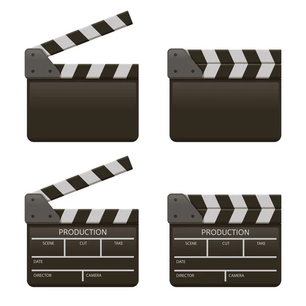 Movie clap board. Film open and close clappers, film production clapperboard. Cinema clapper boards isolated vector illustration set — Archivo Imágenes Vectoriales