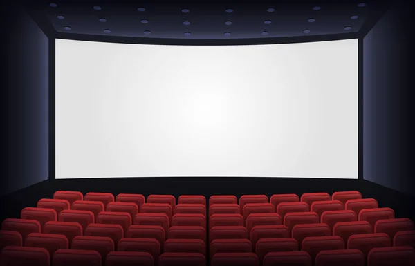 Empty cinema theatre. Film presentation scene with red chairs and white empty screen. Movie theatre empty scene vector illustration — Stock Vector