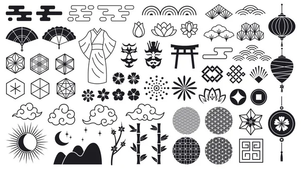 Asian oriental elements. Japanese or chinese flowers, ornaments, clouds and lanterns, asian traditional icons. Oriental culture vector symbols — Stock Vector