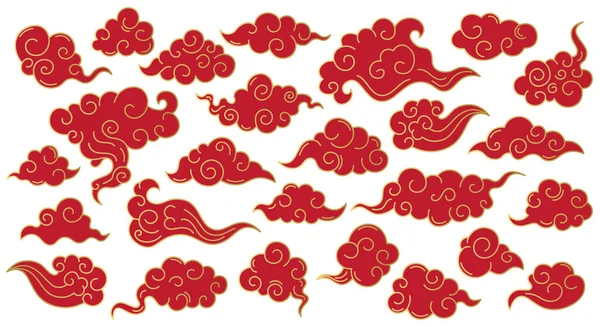 Japanse oosterse wolken. Aziatische traditionele lucht wolken, Koreaanse doodle ornament. Chinese oosterse decoratieve vector symbolen — Stockvector