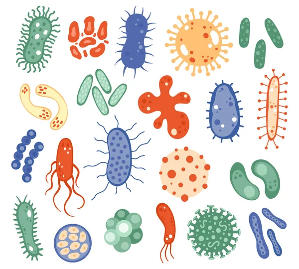 Μικροοργανισμοί βιολογίας. Βιολογικός ιός, βακτήρια, μικρόβια ασθενειών, μικρόβια μόλυνσης και μολυσματικός παράγοντας. Σύμβολα διανυσματικών κυττάρων μικροοργανισμών — Διανυσματικό Αρχείο