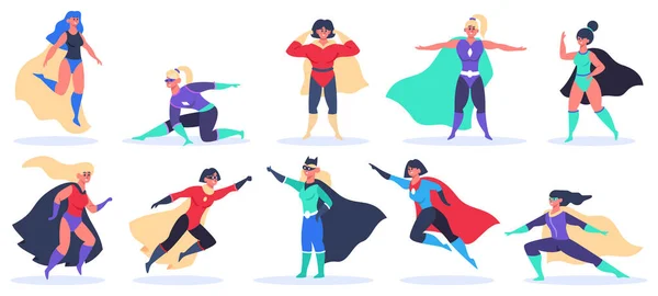 Female superheroes. Superwoman powerful characters, flying super girls in superwoman cloak costume, wonder women mascots vector illustration set — Vector de stock