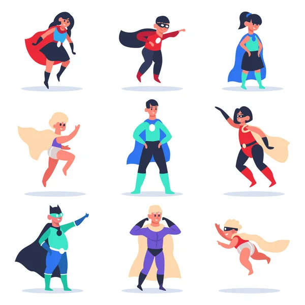 Superhero kids. Boys and girls superhero characters, wonder children in colorful superhero costumes with cloak isolated vector illustration set — Vector de stock