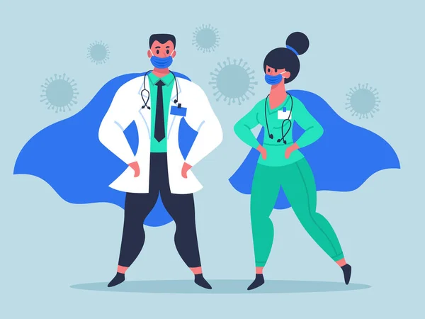 Doktorští superhrdinové. Super lékař postavy v lékařských maskách a mávání pláště, ženské a mužské lékaři hrdinové izolované vektorové ilustrace — Stockový vektor