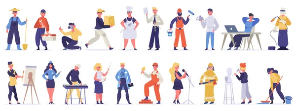 Verschillende beroepen en beroepen. Professionele werknemers in uniform, dokter, leraar, chef-kok en IT-specialist. Werkdag vector illustratie set — Stockvector