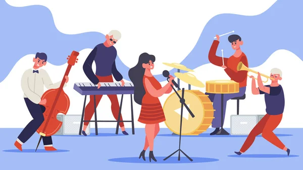 Jazz band concert. Music band musicians singing and playing guitar and drums and bass, modern jazz team. Rock band performance vector illustration — Vector de stock