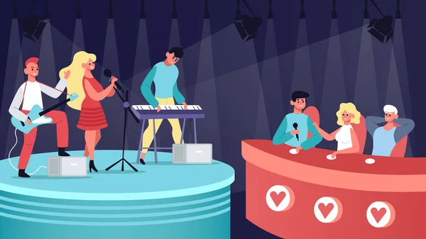 Talents music show. Vocal, musical TV competition, audition contest performing and jury judge. Singing talent show vector illustration — Archivo Imágenes Vectoriales