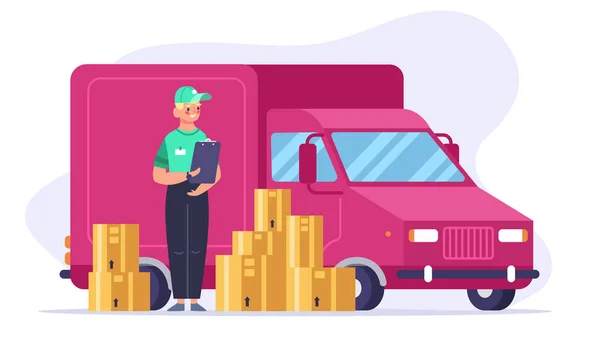 Delivery man. Courier delivery service, young man delivered cardboard boxes. Local delivery or shipping concept vector illustration — стоковый вектор