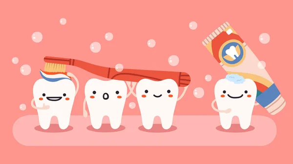 Cute tooth hygiene. Smiling, happy teeth mascots with toothbrush and toothpaste, oral dental healthcare isolated vector illustration — Vector de stock