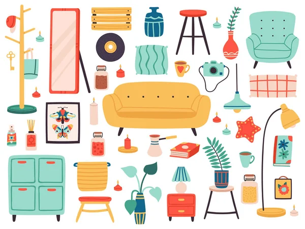 Hygge éléments intérieurs. Meubles Doodle et confortables accessoires de maison confortables, éléments intérieurs du salon ensemble d'illustration vectorielle isolée — Image vectorielle