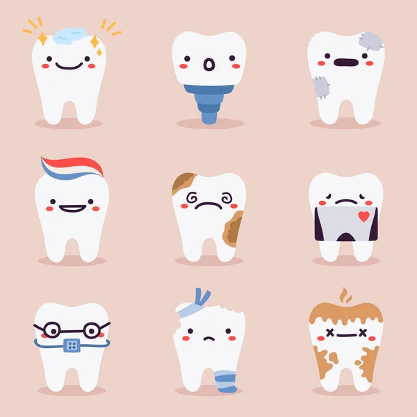 かわいい歯のマスコット。歯の問題、治療、歯の健康と衛生ベクトルのイラストのシンボルセットを持つ歯科歯の文字 — ストックベクタ
